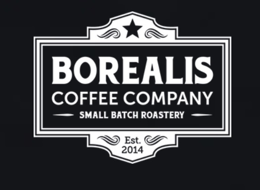 This is an image of the Borealis Coffee Company logo, that was indicated on the logo they were established in 2014. Logo is in black and white.